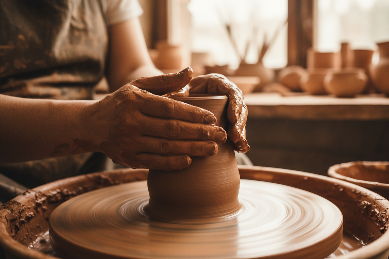 Clay Lab studio workspace – hands working with clay and pottery tools