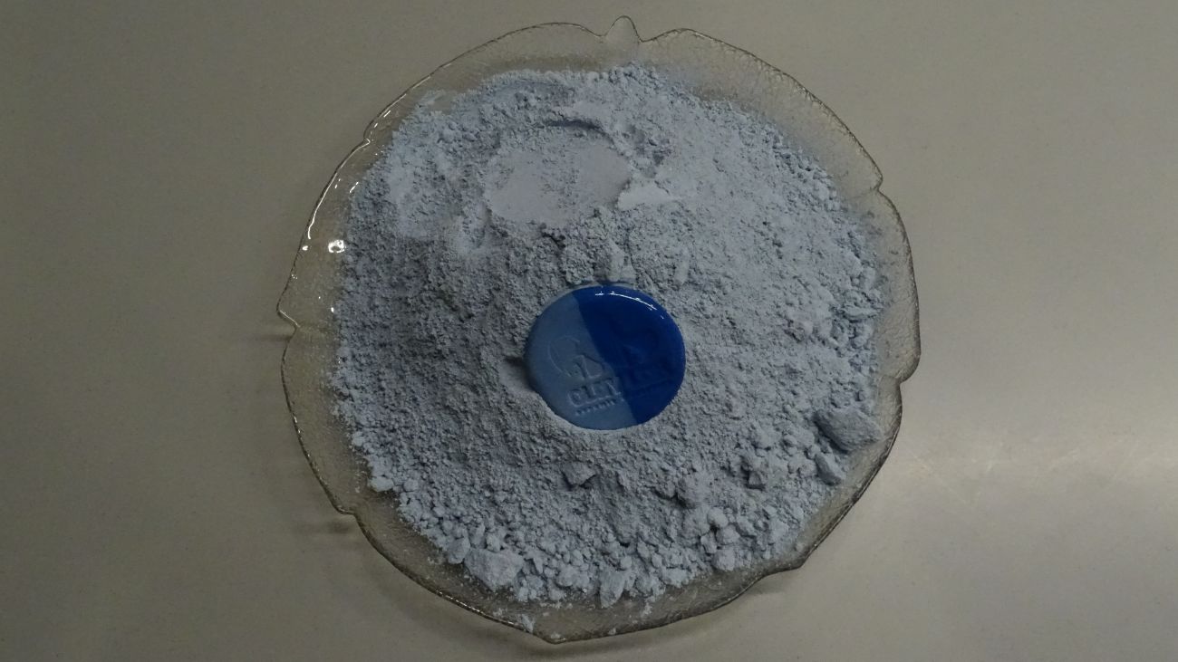 top view of blue clay powder in a plate with a coin 