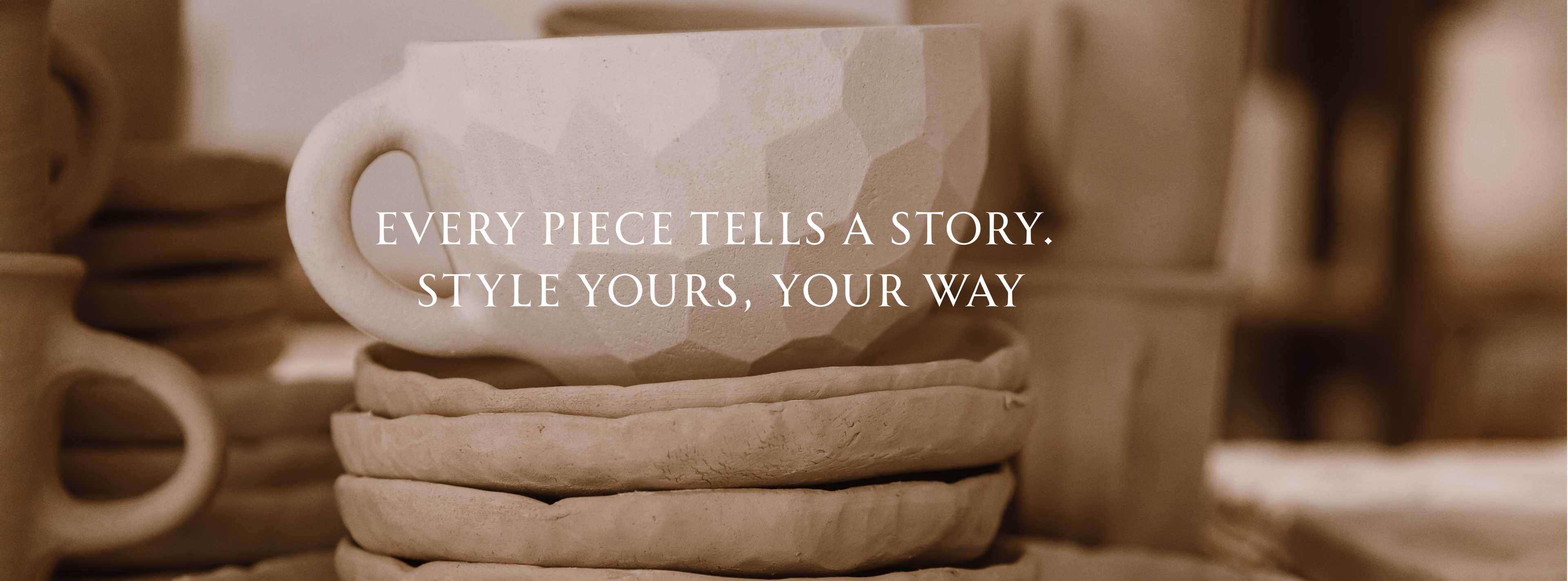 Stack of ceramic cups with a blurred background 