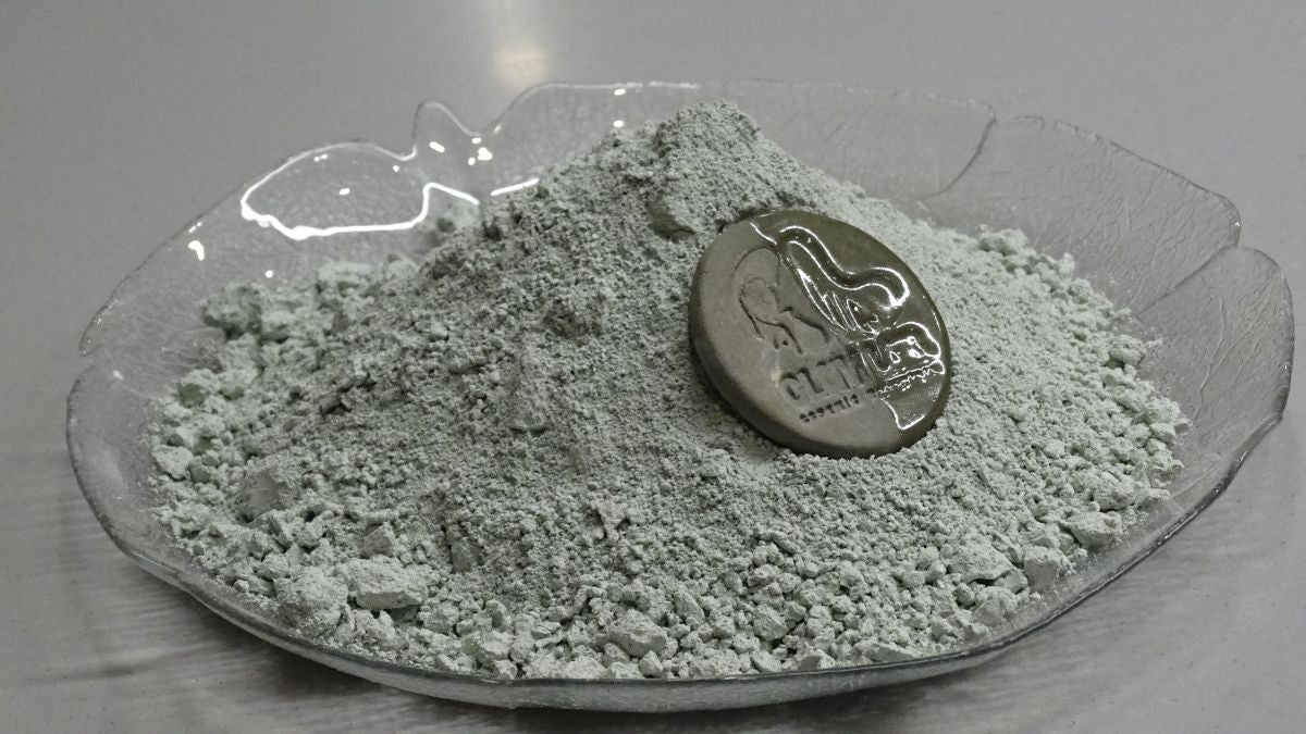 side view of green clay powder with a coin on top 