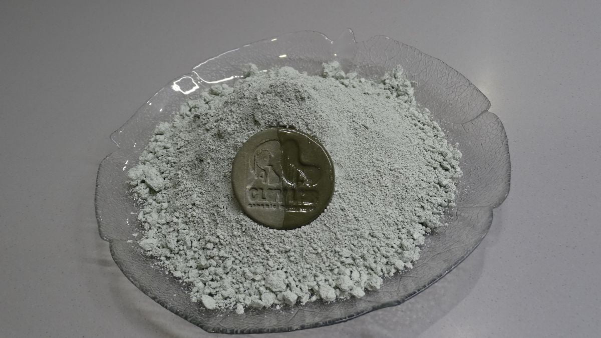 green clay powder in a bowl with top view