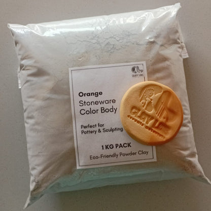 A sealed bag with orange stoneware clay powder inside, showing its use and indicating 1kg pack