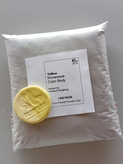 A clay pack of 1 kg labelled with yellow stoneware color body